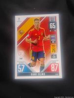 Front side of the Dani Olmo Spain soccer trading card showing player image, stats, and team insignia.