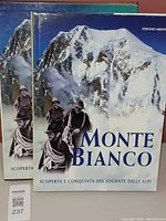 Photo showing the front cover of 'Monte Bianco' hardcover book with snowy mountain and mountaineers.