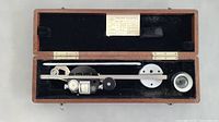 View of the Filotechnica Salmoiraghi planimeter and accessories inside the wooden box with label