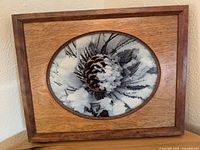 Photo of a framed artwork featuring a close-up image of a pine cone covered in snow within an oval cutout in the wooden frame.