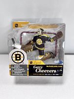 Front view of Gerry Cheevers Boston Bruins NHL Legends action figure in original packaging showing figure details and branding.