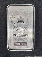 Front view of 10 oz .9999 Fine Silver Bar showing Royal Canadian Mint logo, weight, purity and serial number in plastic case