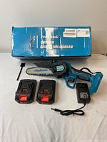 Full kit showing Peektook cordless mini chainsaw, two batteries, charger, and original box