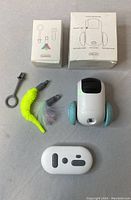 Top down view showing the main pet toy, remote control, feather attachments, tool, and packaging boxes on a neutral background.