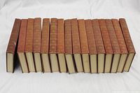Photo showing the full set of 16 hardcover International Encyclopedia volumes arranged horizontally, highlighting the brown covers with gold spine lettering and ornate detailing.