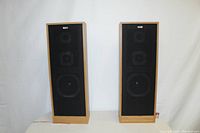 Front view of the pair of tall rectangular vintage RCA speakers with wooden frames and black mesh grills placed side by side against a plain background.