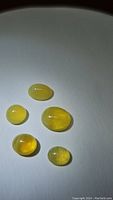 Five natural yellow African fire opal cabochons in varying sizes and oval/rounded shapes, placed on a white background under direct light showing translucency and warm yellow color.