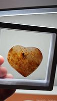 Front view of the heart-shaped Carnelian gemstone held in the floating display, showing its translucent butterscotch color and natural inclusions.
