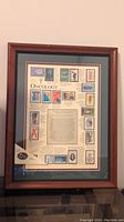 Front view of large wooden framed oncology stamp collection with green mat and multiple vintage stamps surrounding oncology-related text.