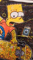 Close-up of canvas art showing Bart Simpson in bright yellow riding a skateboard with graffiti markings.