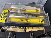 Two new Storm Giant Suspending Thunderstick lures in clear packaging with yellow backing, and two vintage painted wooden lures with rusty treble hooks below.