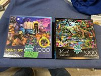 Two Buffalo brand 1000-piece jigsaw puzzles, Night & Day and Vivid Collection Leonard Jungle, shown front of box artwork.