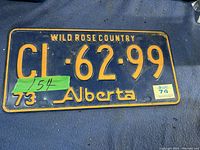Clear photo of a used 1973 Alberta license plate with 'Wild Rose Country' text, registration CI-62-99, and a 1974 validation sticker.