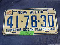 Photo of a vintage Nova Scotia metal license plate with blue embossed numbers and letters on a white background. Date decal in upper left corner shows December 1976. Plate shows signs of wear and age.