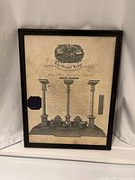 Full view of framed Freemason certificate showing aged paper and intricate black ink design with pillars and Masonic symbols.