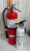 Photo of two dry chemical fire extinguishers, one large red with hose and gauge, one smaller white with black handle and gauge