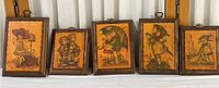 Five vintage Hummel decoupage wood wall plaques displayed side by side, showing all images and frames.