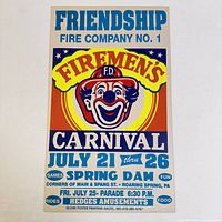 Full view of vintage carnival poster showing clown graphic, event title, dates, and location.