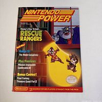 Front cover of the Nintendo Power magazine featuring Disney's Chip 'N Dale Rescue Rangers illustration and list of featured game content.