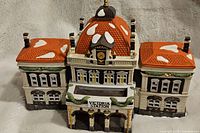 Front view of Dept 56 Victoria Station Dickens Village collectible showing detailed architecture and snow-covered rooftops