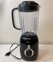 Front view of Bear Blender Model LLJ-B12K1 showing the black base with control dial and transparent plastic container with handle and lid.