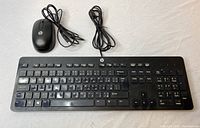 Photo showing the top view of HP wired keyboard and mouse together, displaying overall layout and design.