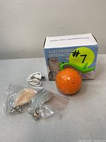 Photo of the electronic interactive cat toy in its box with USB charger and accessory attachments shown separately.