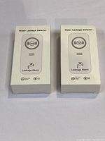 Two sealed white boxes labeled Water Leakage Detector with image of device and 90dB alarm symbol.