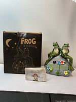 Photo showing solar frog statue in original packaging box with a small instruction card.