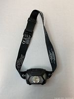 Front view of black LED head lamp with adjustable strap laid flat, lamp off.