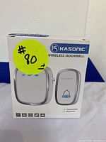 Front of the retail box showing Kasonic Wireless Doorbell system including 1 transmitter and 1 receiver.