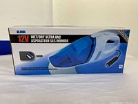 Front view of the product box showing the LINK 12V Wet/Dry Ultra Vac in white and blue with a power cord and car adapter.