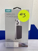 Front of the ESR Wireless Power Bank box showing the product image attached magnetically to an iPhone, labeled with #3 sticker