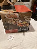 Original boxed packaging showing image and description of the 3-tier buffet server set