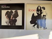 Two vintage vinyl record albums by The Roches shown side by side; 'Nurds' with a dark cover and self-titled white cover album.