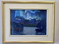 Front view of framed oil painting showing night sky and water scene