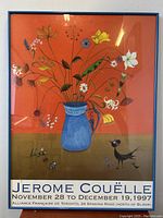 Front view of framed print showing colorful floral arrangement in blue vase with birds and artist signature, dated 1997.