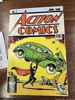Front cover of the Action Comics No. 1 1988 reprint showing Superman lifting a green car, with marked 1938 date and 50th Anniversary badge.