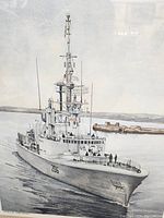 Close-up view of the watercolour painting showing the naval ship H.M.C.S. Saquenay with ship number 206 and detailed elements such as rigging, radar, and sailors on deck in a maritime setting.