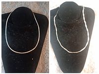 Two necklaces displayed on a black mannequin: one twisted strand style without clasp, one thin smooth omega style chain.