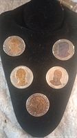 Photo of five commemorative coins displayed on black velvet holder, showing front sides with presidential portraits