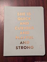 Front cover of the notebook showing the quote in rose gold foil lettering on light blue background.