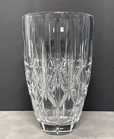 Front view of Marquis by Waterford crystal vase showing detailed cut pattern and clarity.