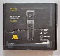 Box front with printed image and features of the IWEEL professional pet clipper IW-2691A.