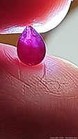 Close-up photo of a pear cut deep pinkish-red ruby held between fingertips showing inclusions and natural surface texture.