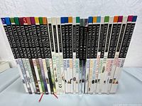 Front covers and spines of 32 Eyewitness Books for Kids educational series neatly arranged, showing colorful labels and titles.
