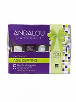 Box front showing brand and details of the age defying skin care set with 5 essentials for trial and travel.