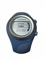 Front view of Garmin sport running watch displaying language selection screen on digital display in English.