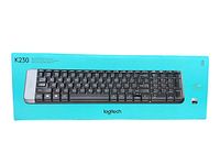 Front view of Logitech K230 wireless keyboard in turquoise box showing product image and model name.