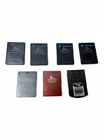 Seven memory cards arranged in two rows, showing front sides with branding and capacity labels.